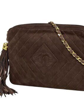 Chanel CC Logo Chain Shoulder Bag Fringe Tassel Suede Brown